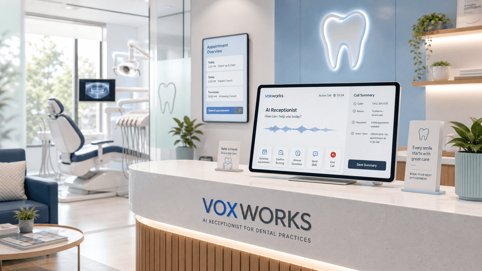 Voxworks-powered dental front desk with appointment and recall workflow