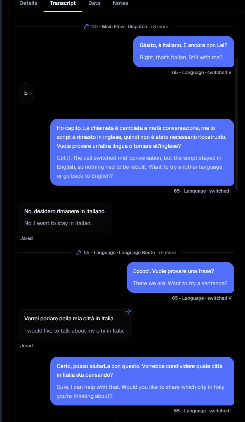 Voxworks multilingual transcript switching between English and Italian during a live call