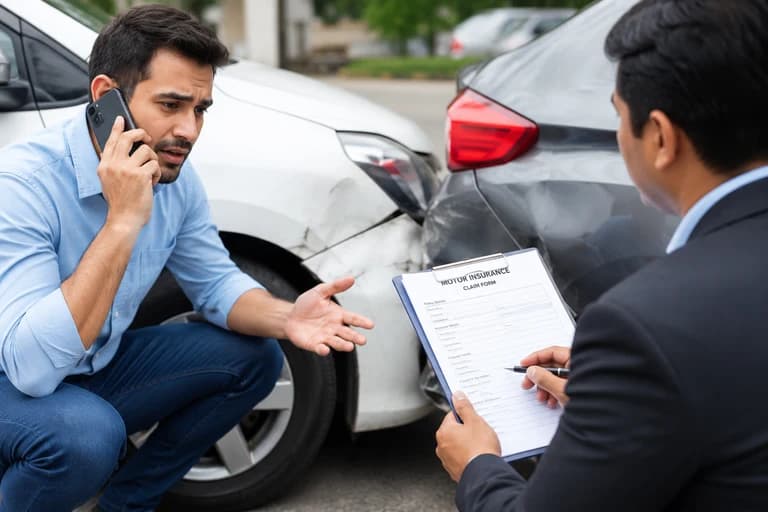 A driver on the phone beside his car while a motor insurance claim form is filled in