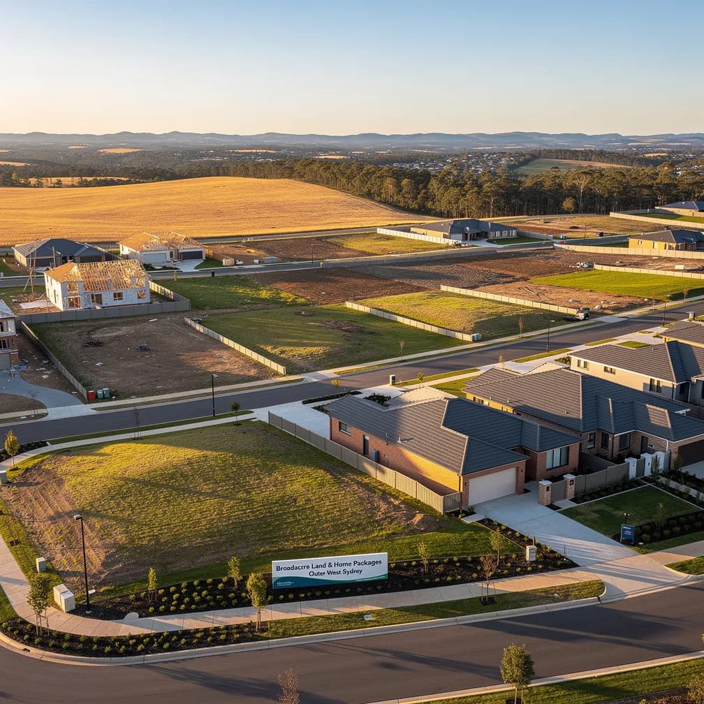 Aerial view of a new house and land development on the outskirts of Sydney