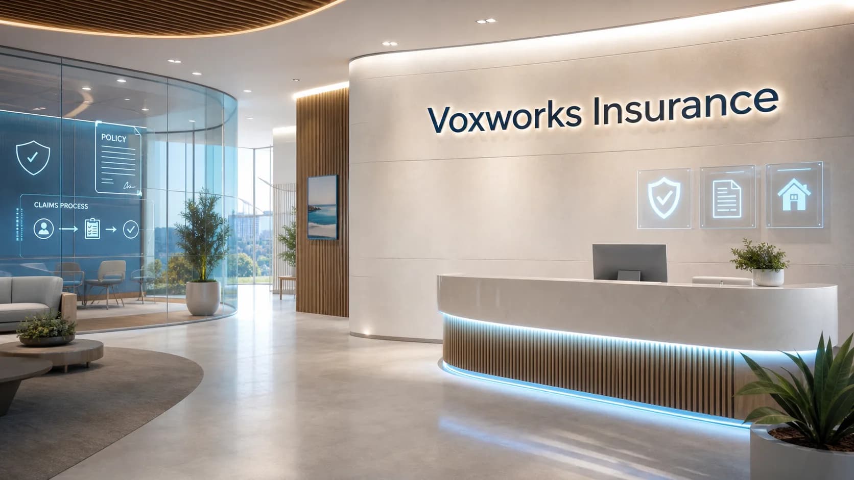 Voxworks-powered insurance reception with quote, claims, and renewal workflows